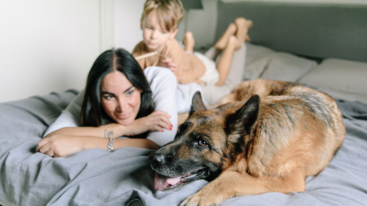 Mother and daughter relaxing in bed with their German shepherd, ESA letter in Delaware