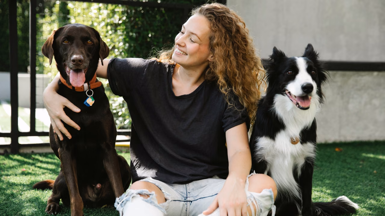 Woman sitting on the lawn with her Labrador and border collie, ESA letter in Maryland