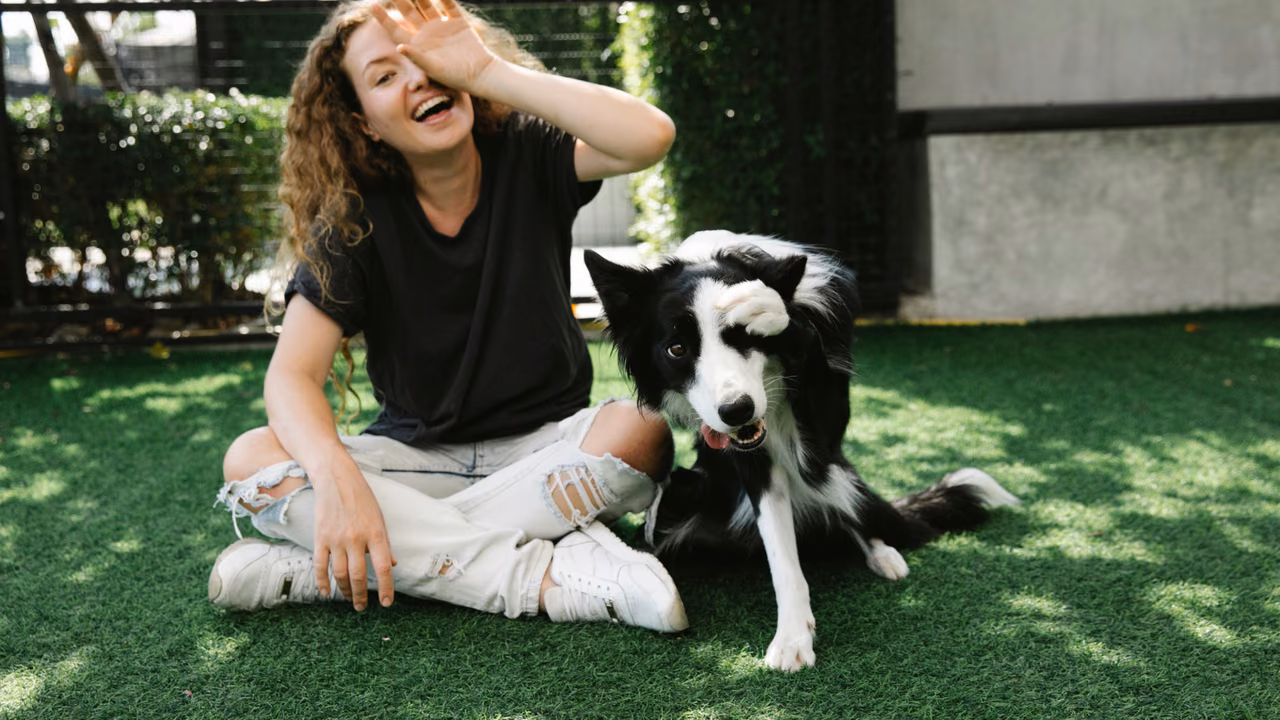 Woman laughing with her border collie on the grass, ESA letter in North Carolina