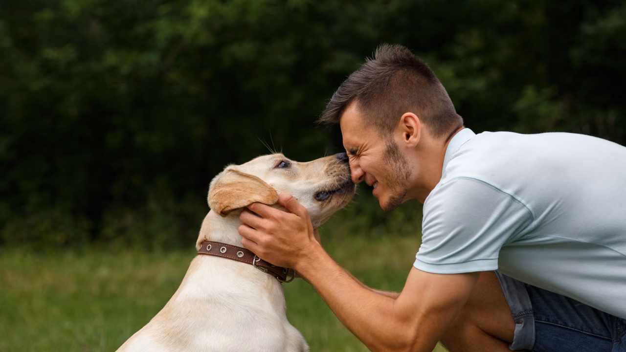 Man touching foreheads with his Labrador, ESA letter online