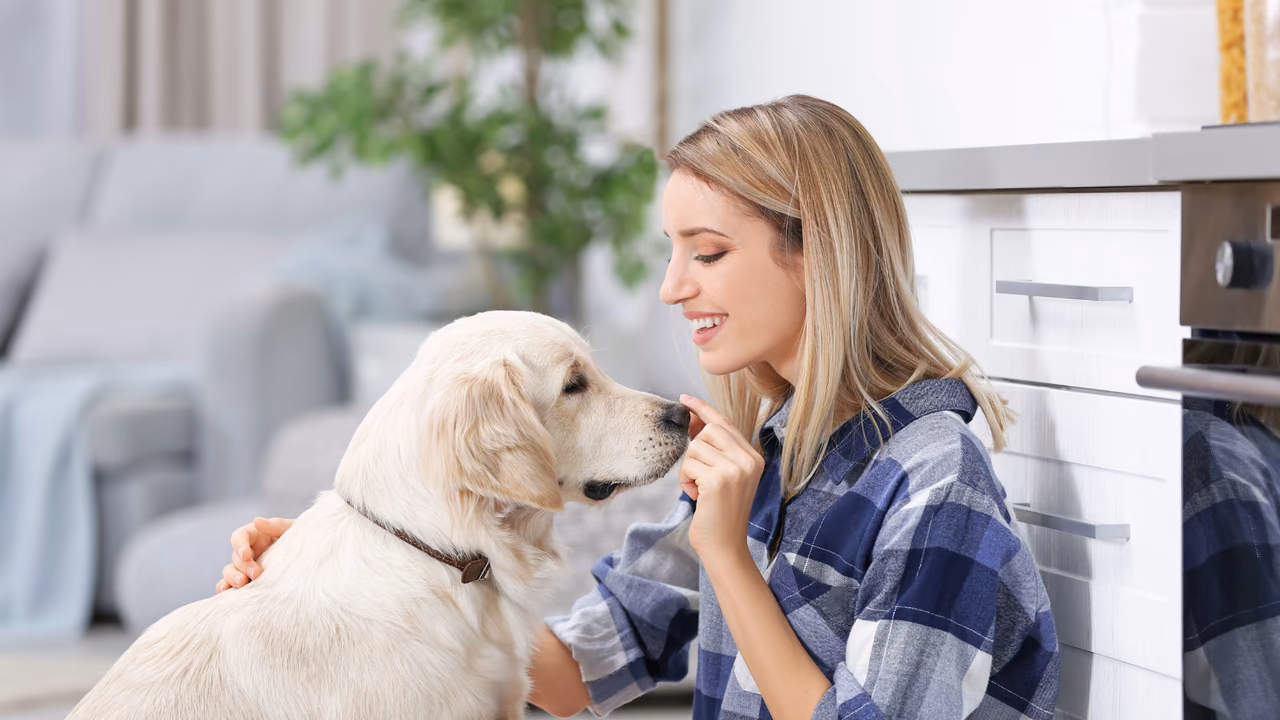 Woman giving her golden retriever a treat in the kitchen, ESA letter in Orlando, FL