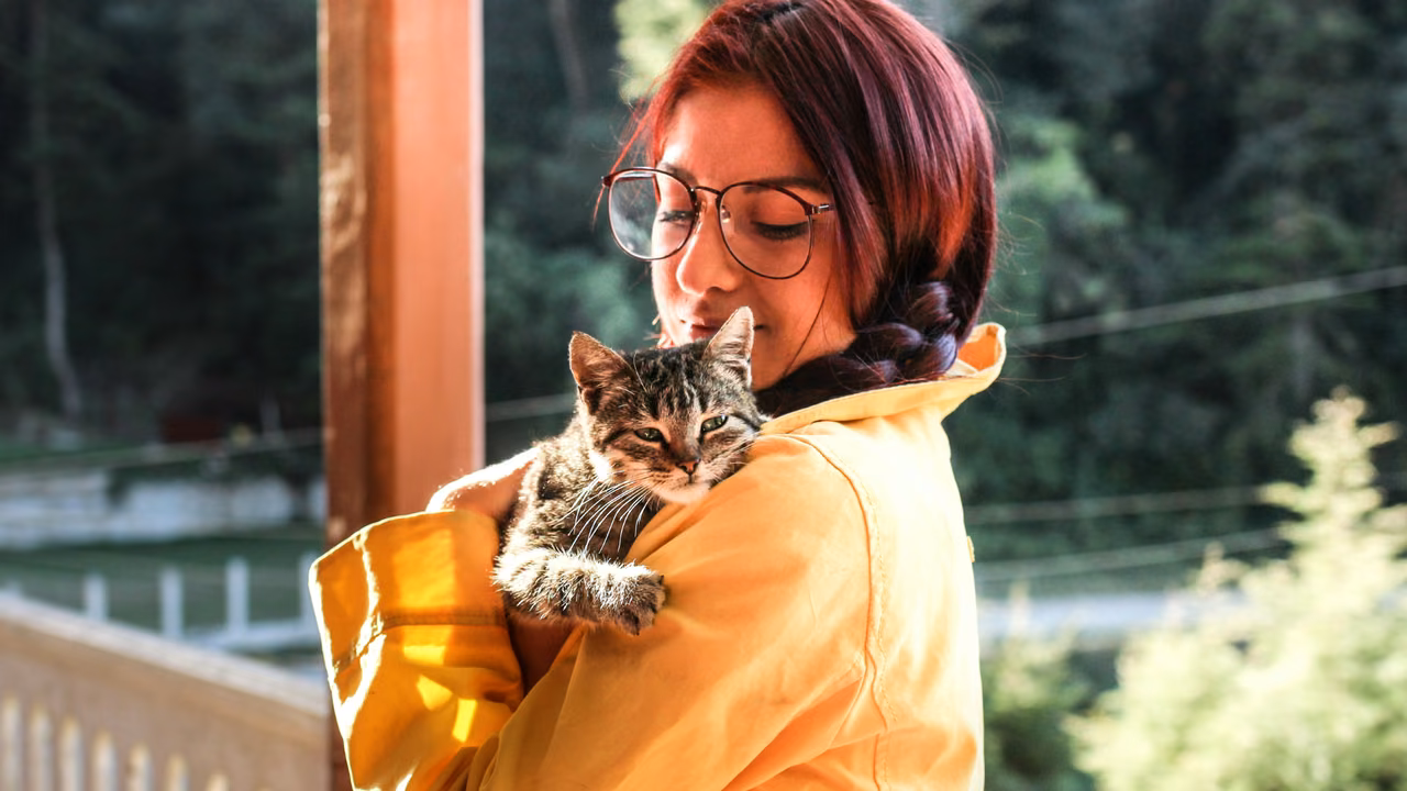 Woman holding her tabby cat on a balcony, ESA letter in Springfield, IL