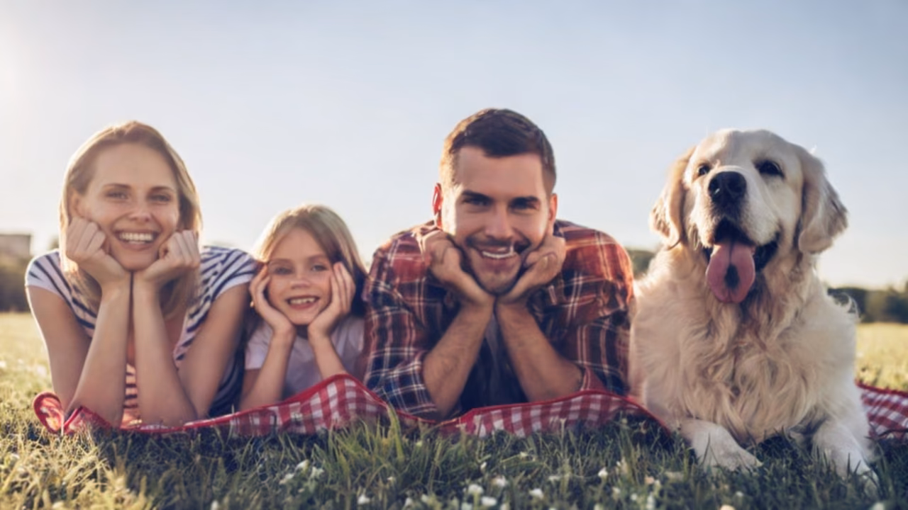Family lying on a blanket with their golden retriever, ESA letter in Tucson, AZ
