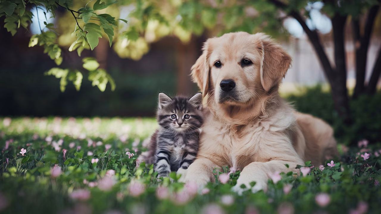 Golden retriever and tabby kitten resting in the garden, ESA letter in Waco, TX