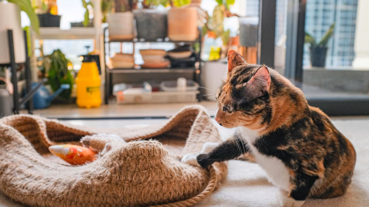 Calico cat playing in its bed, emotional support animals in Michigan