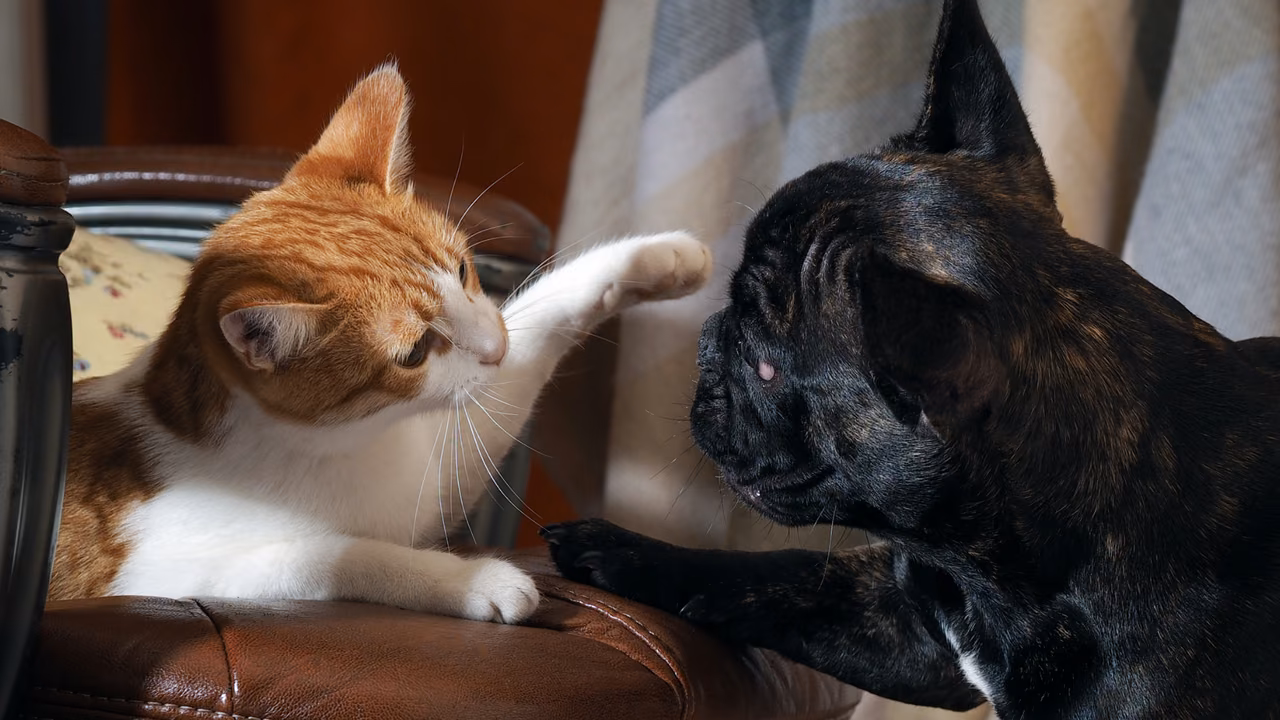 Ginger cat and French bulldog playing on the sofa, emotional support animals in North Carolina