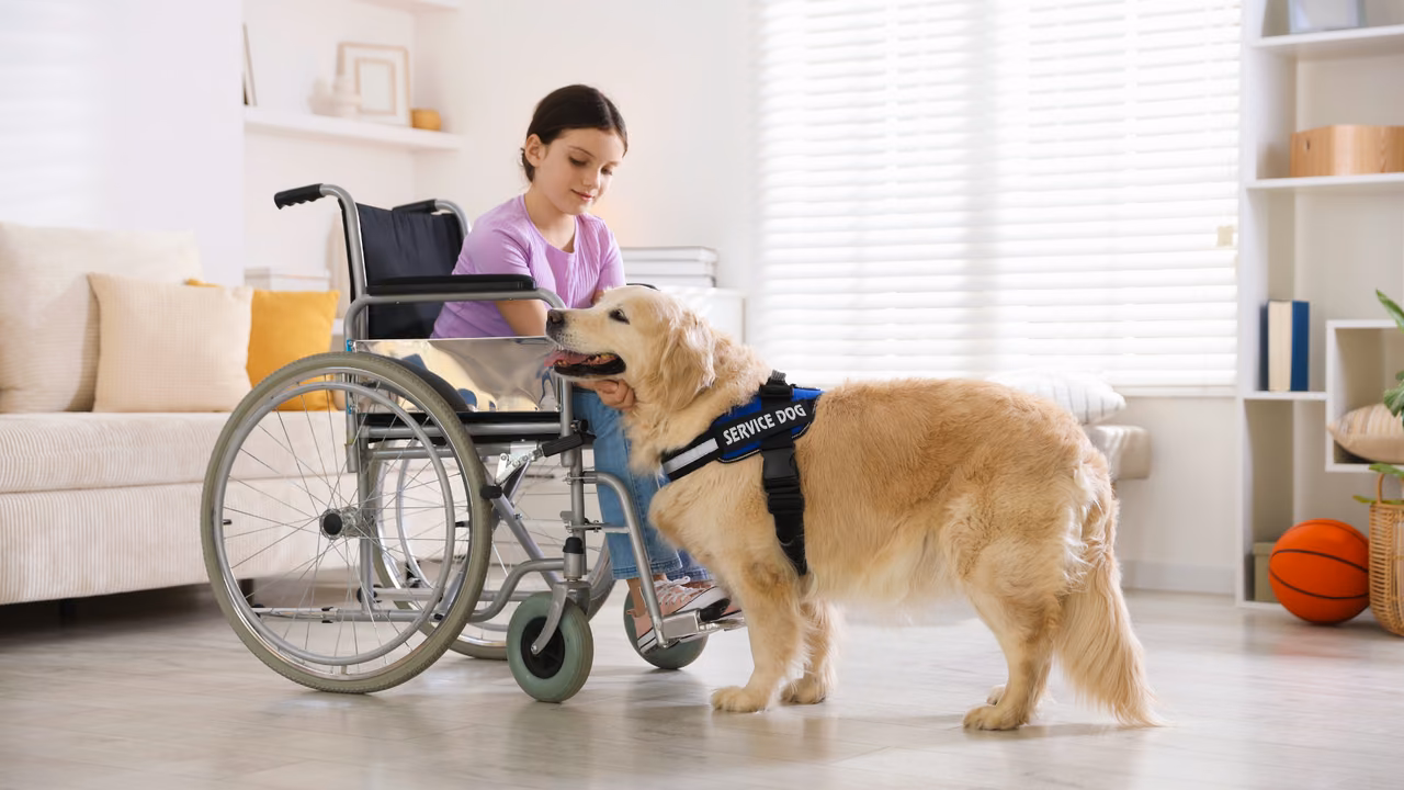 Girl in a wheelchair at home with her golden retriever service dog, PSD letter in Arkansas