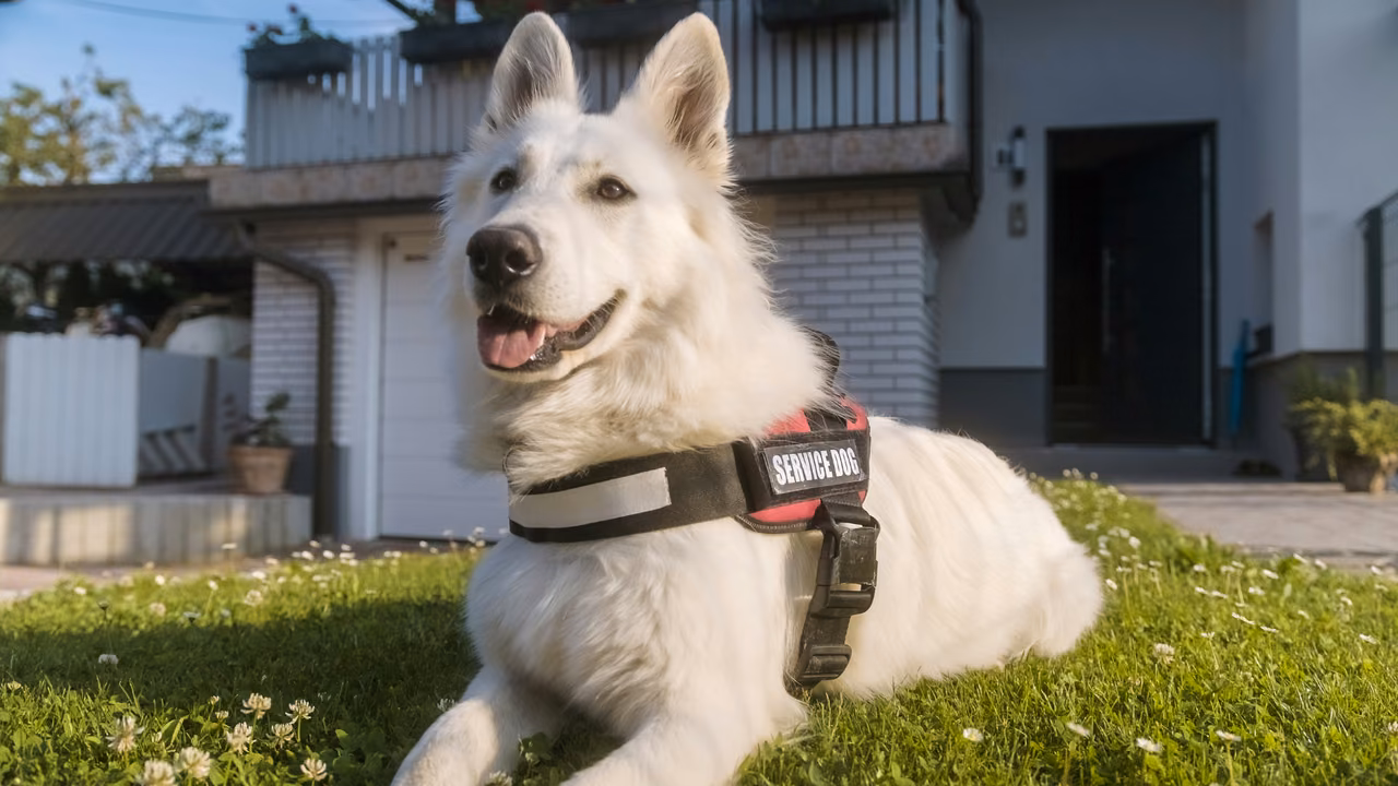 White shepherd service dog in a harness lying on the lawn, PSD letter in Florida