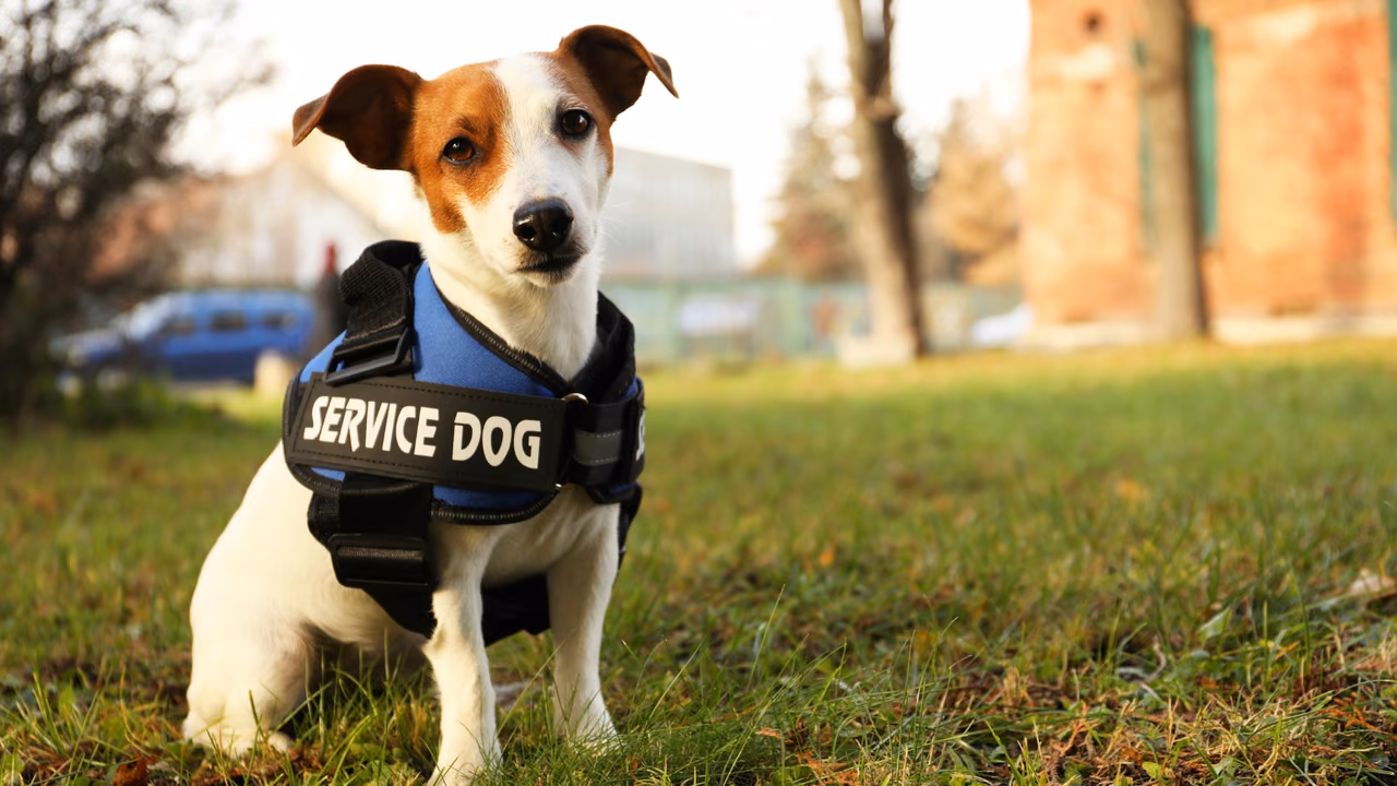 Jack Russell terrier in a Service Dog vest on the grass, PSD letter in Indiana