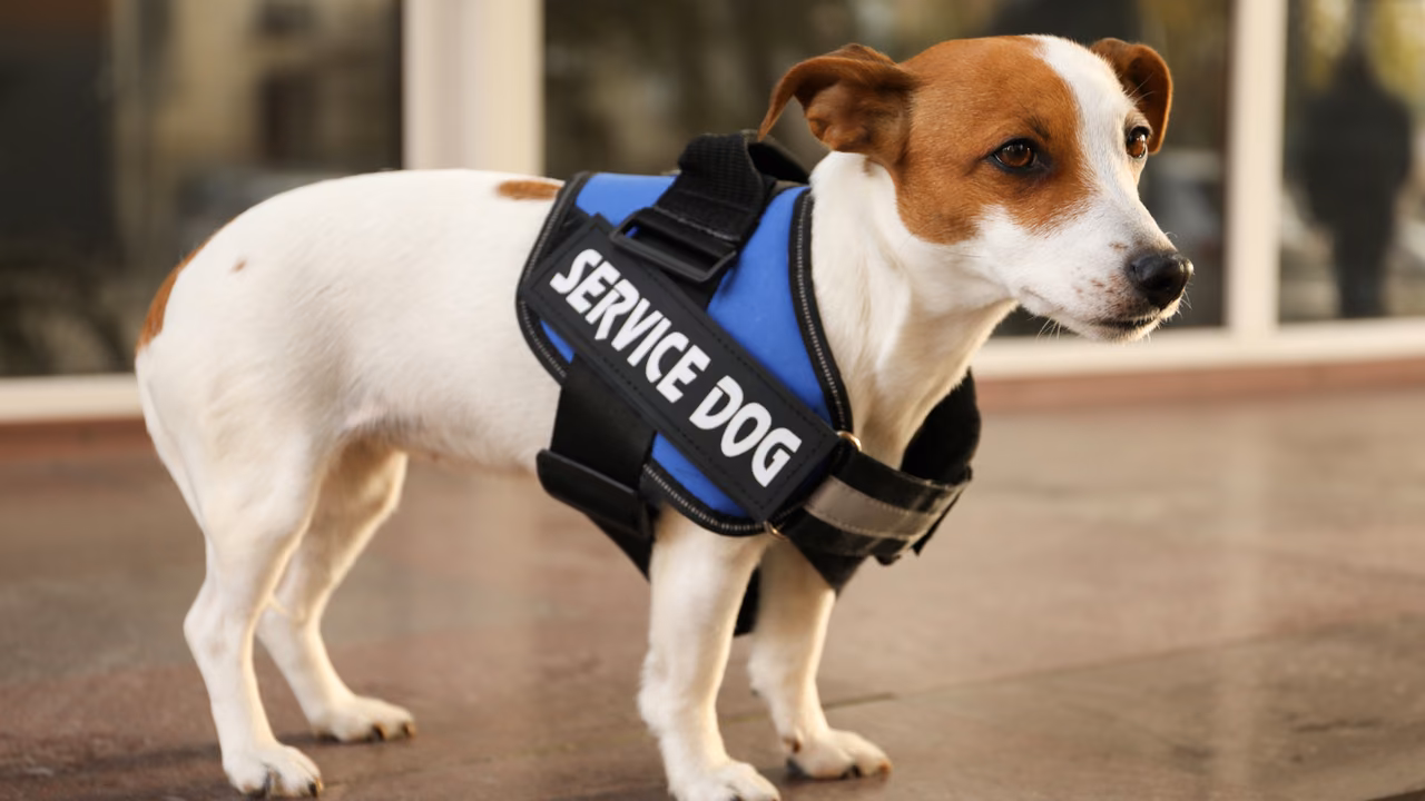 Jack Russell terrier wearing a blue Service Dog vest, PSD letter in Kentucky