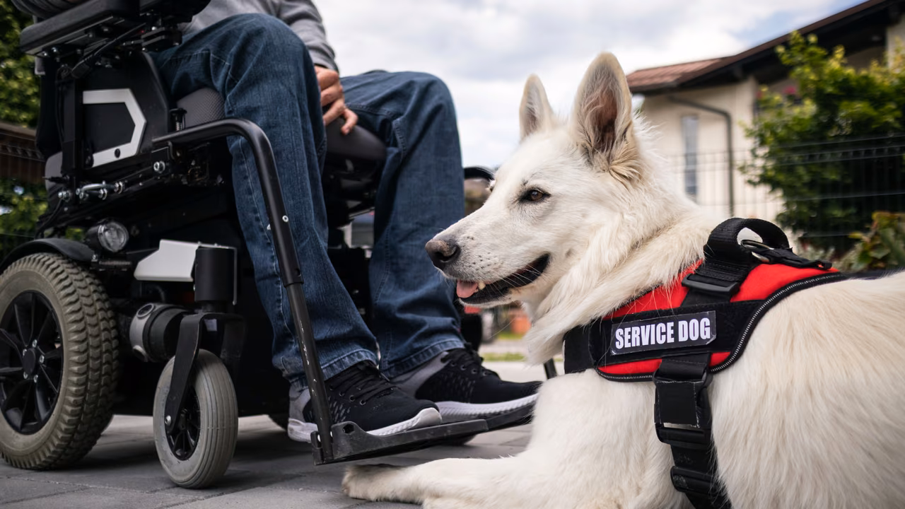 White shepherd service dog in a red vest lying beside its owner's wheelchair, PSD letter in Maryland