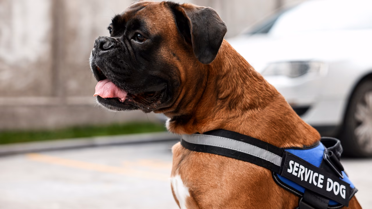 Boxer wearing a blue Service Dog vest, PSD letter in New Hampshire
