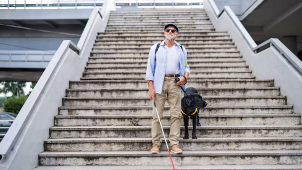 Man with a white cane and his guide dog at the foot of a staircase, PSD letter in North Carolina