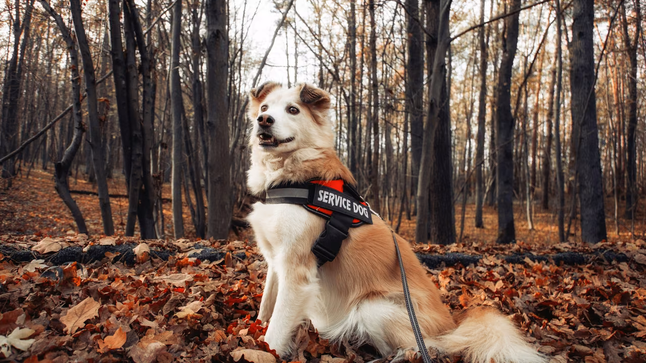 Service dog in a vest sitting among autumn leaves, PSD letter in Ohio