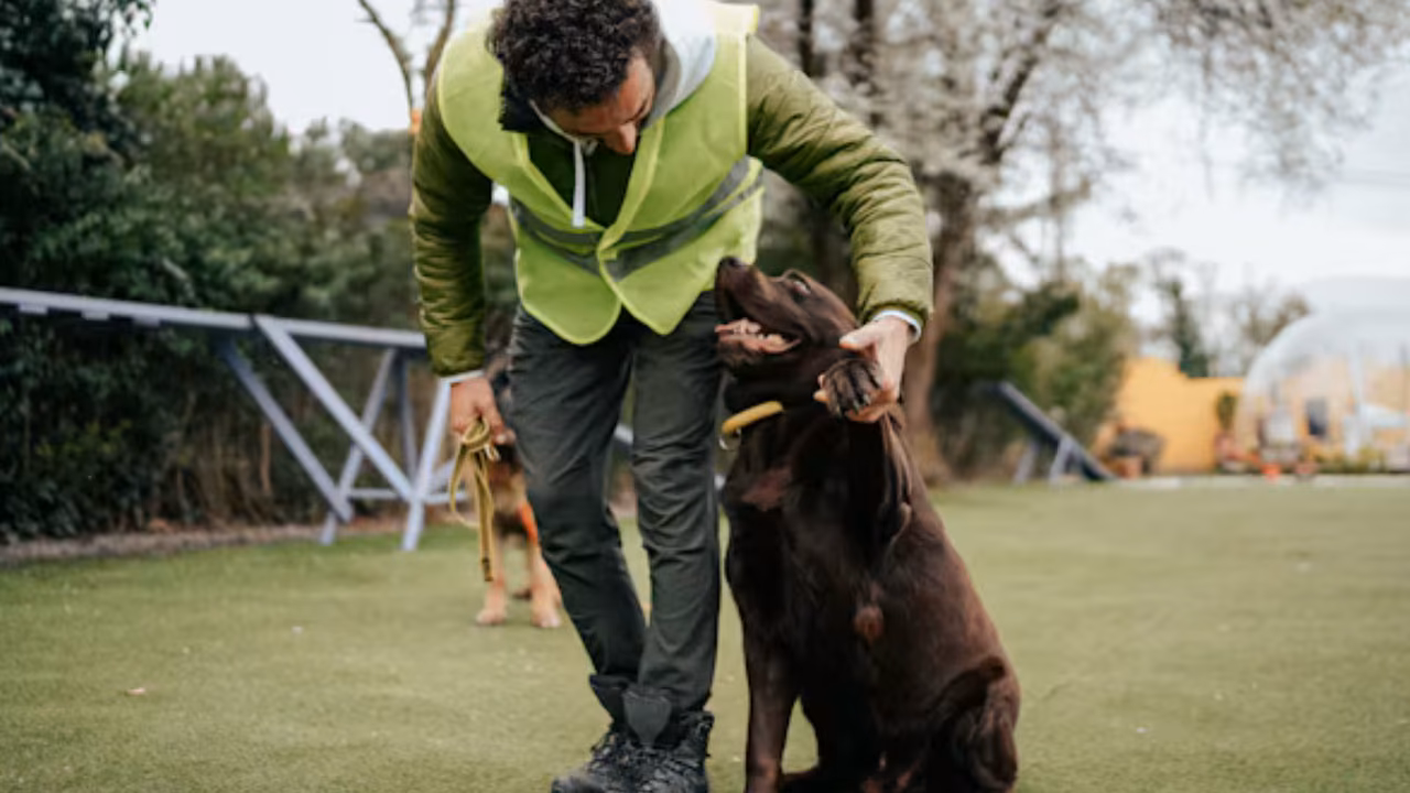 Man training a chocolate Labrador on the lawn, PSD letter in Oklahoma