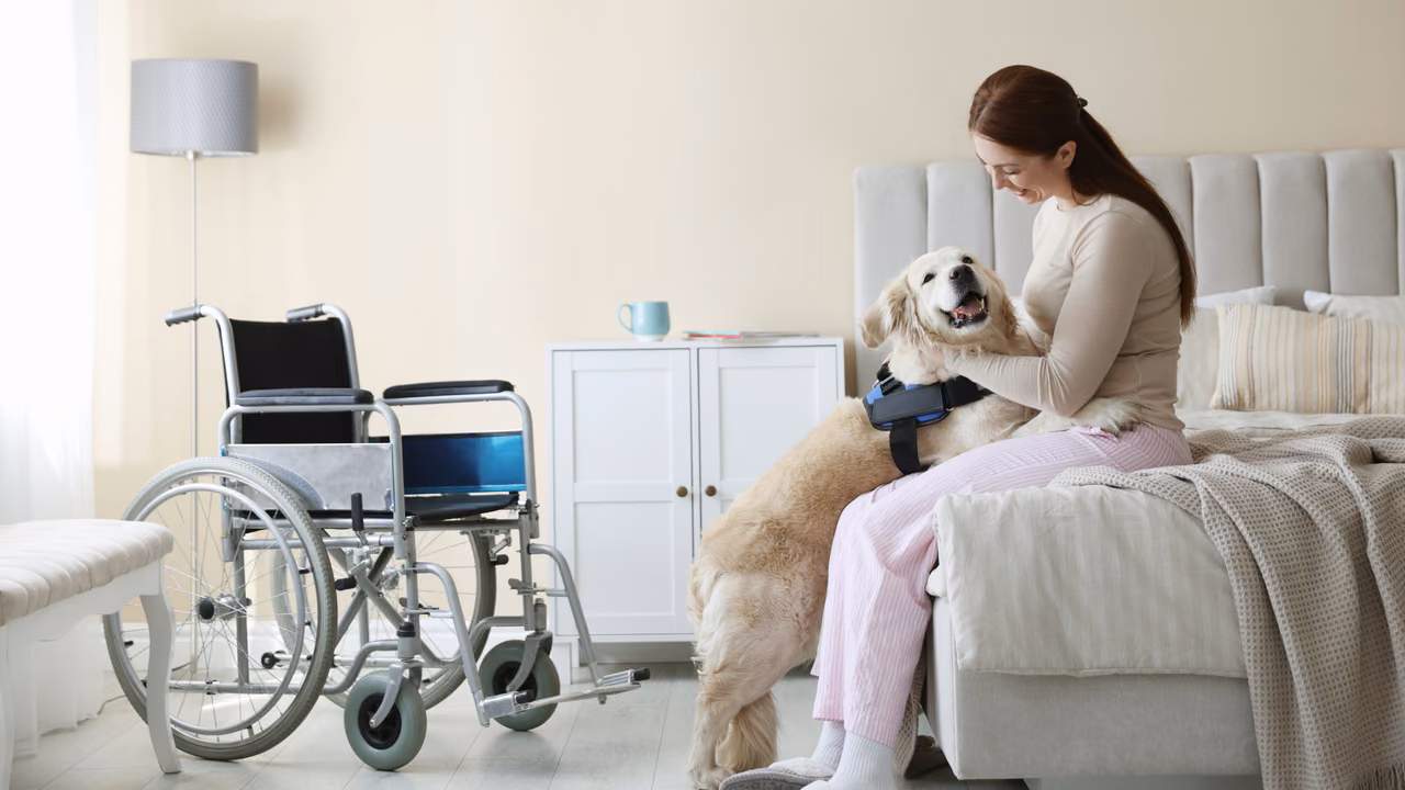 Woman sitting on her bed with her golden retriever service dog, PSD letter in Tennessee