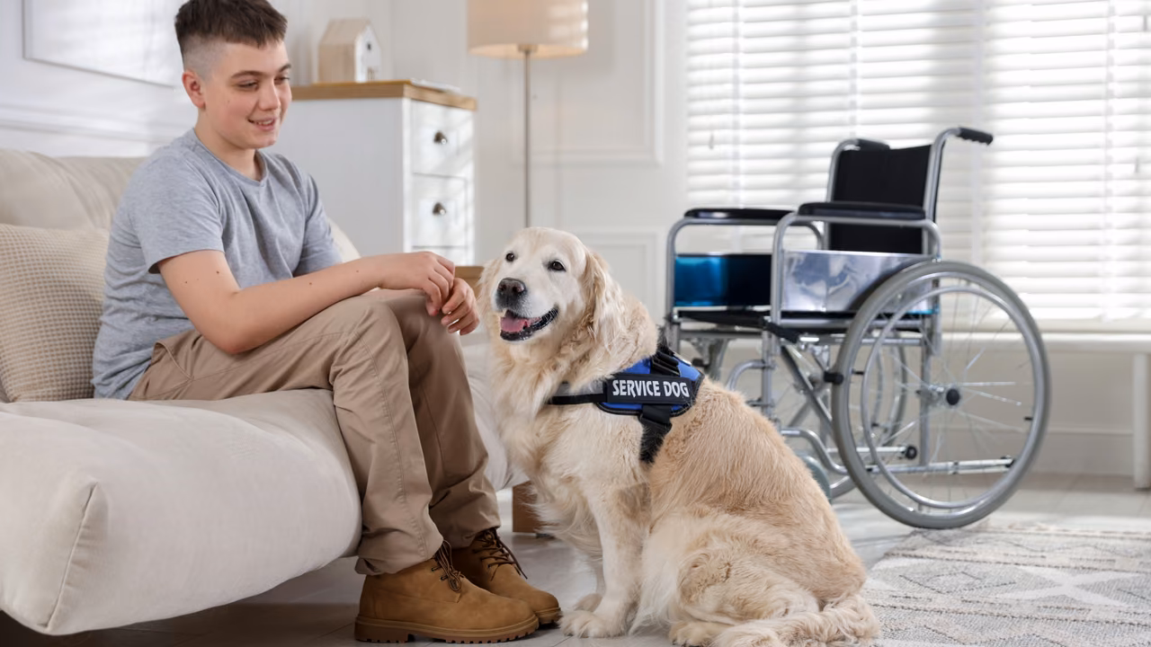 Teen sitting on the sofa beside his golden retriever service dog, PSD letter in Utah